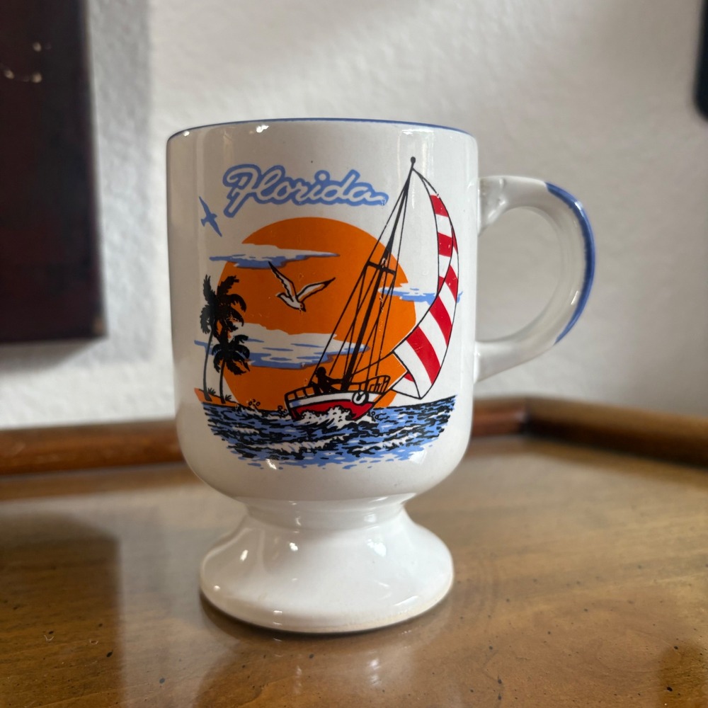Vintage Florida Sailboat Sunset Souvenir Mug Footed Ceramic Coffee Cup CNI Korea